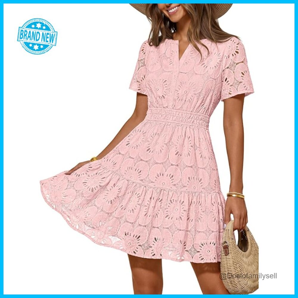 Lace Boho Mini Dress A-Line Eyelet Floral Ruffle Summer Vacation Beach